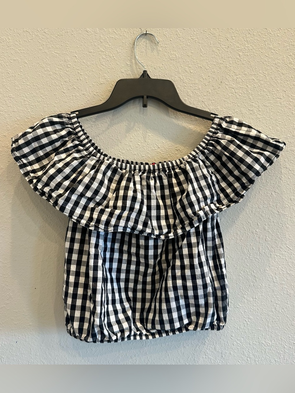 Guess Gingham Off Shoulder Crop Top Black White Size S